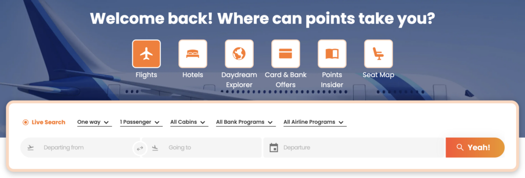 PointsYeah homepage featuring live flight search widget.
